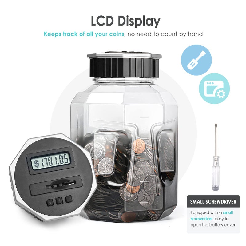 Vcertcpl بنك عد العملات الرقمية مقاس X-Large للبالغين والأطفال Vcertcpl مع عداد LCD بسعة 2.4 لتر، وعاء عد النقود الرائع لعد النقود مع إجمالي المبلغ المعروض لجميع العملات المعدنية الأمريكية - Image 4